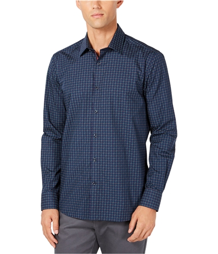 Ryan Seacrest Mens Grid Print Button Up Shirt navy S