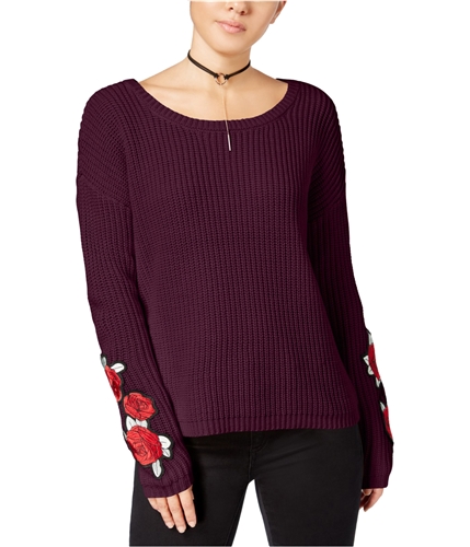 Almost Famous Womens Rose Embroidered Pullover Sweater redwine M