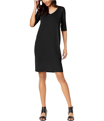 Eileen Fisher Womens Solid Elbow Sleeve Shift Dress black L