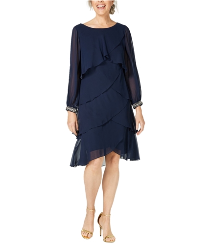 SLNY Womens Chiffon Tiered Dress navy 12