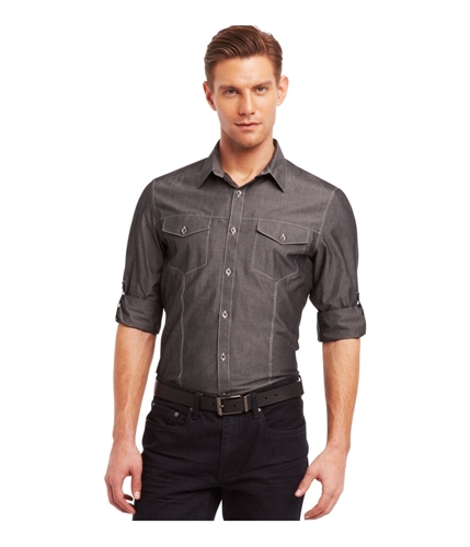 Kenneth Cole Mens Slim Fit Chambray Button Up Shirt blackcombo S