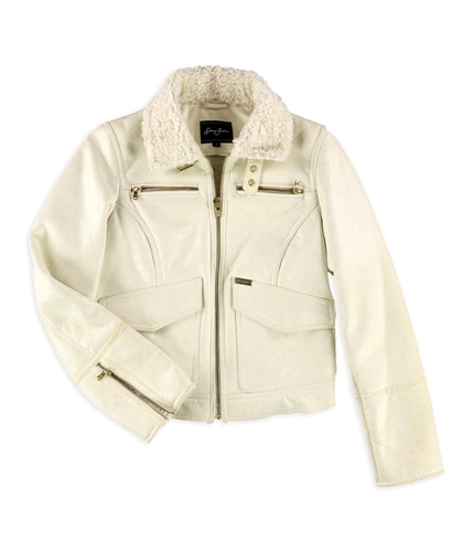 Sean John Womens Faux Leather Aviator Jacket white S