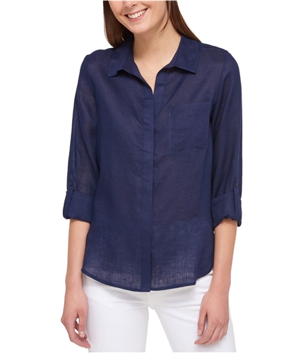 Tommy Hilfiger Womens Roll-Tab Button Up Shirt nvy XS