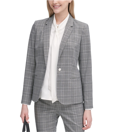 Calvin Klein Womens Plaid One Button Blazer Jacket gray 6P