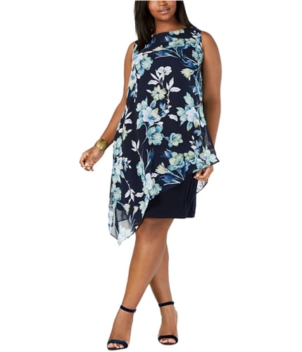 Connected Apparel Womens Floral Chiffon Overlay Shift Dress navy 20W
