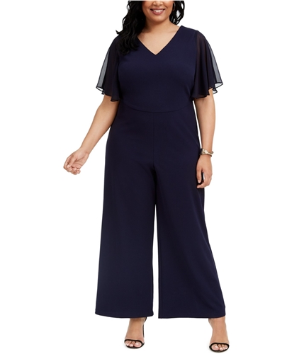 Connected Apparel Womens Chiffon-Sleeve Jumpsuit navy 20W
