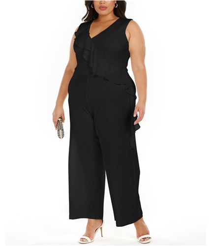 Connected Womens Ruffled Wide Leg Jumpsuit black 14W