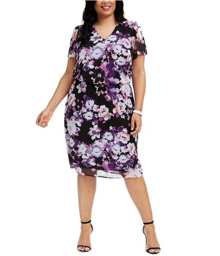 Connected Apparel Womens Floral-Print Chiffon Blouson Dress purple 14W