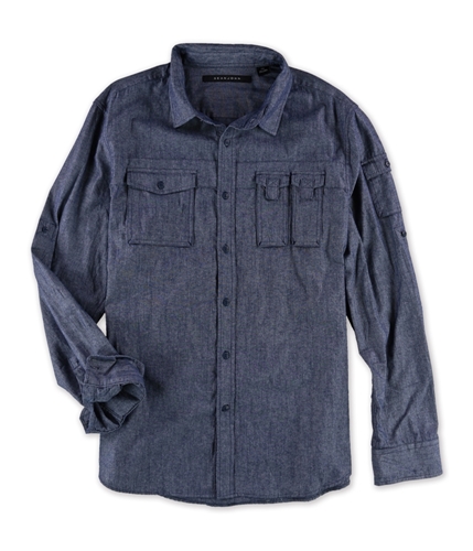 Sean John Mens Double Pocket Long Sleeve Button Up Shirt greyblue 2XL