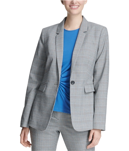 DKNY Womens Plaid One Button Blazer Jacket gray 0