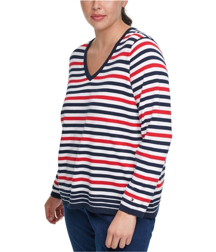 Tommy Hilfiger Womens Multi-Stripe Pullover Sweater white 1X