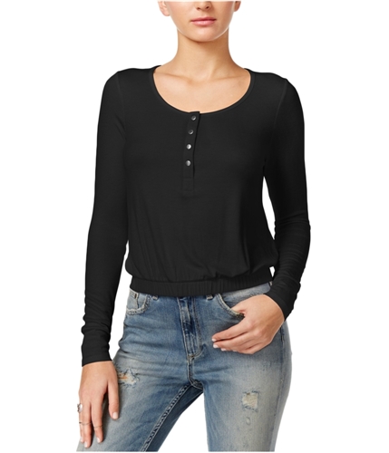 GUESS Womens Cropped Banded Henley Shirt jetblack M