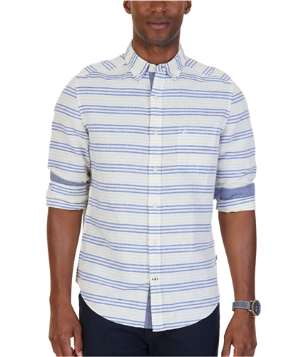 Nautica Mens Stripe Linen Button Up Shirt sunshine S