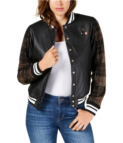 GUESS Womens Faux-Leather Varsity Jacket black XS
