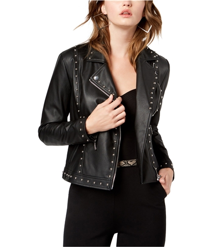 GUESS Womens Vina Studded Faux-Leather Motorcycle Jacket jetblackmulti M