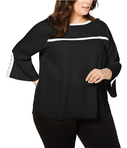 Calvin Klein Womens Bell Sleeve Pullover Blouse black 1X