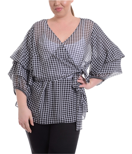 NY Collection Womens Gingham-Print Wrap Blouse black 1X