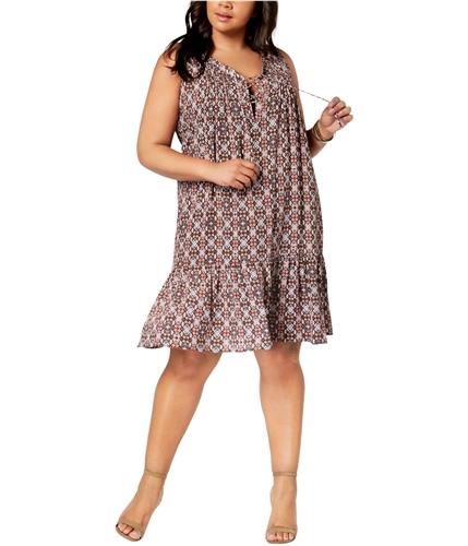 NY Collection Womens Geo-Print Lace-Up Midi Peasant Dress darkred 3X