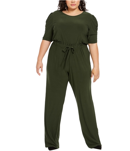 NY Collection Womens Puff-Sleeve Tie-Front Jumpsuit dkgreen 1X