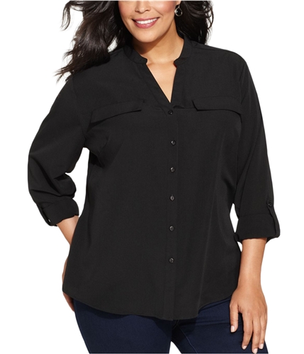 NY Collection Womens Rolled Sleeve Button Down Blouse black 1X