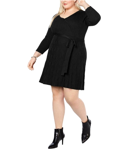 NY Collection Womens Faux Wrap Fit & Flare Sweater Dress black 1XP