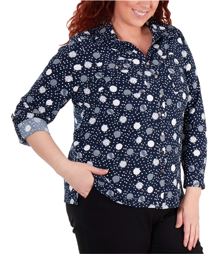 NY Collection Womens Polka Dot Button Up Shirt navy 3X