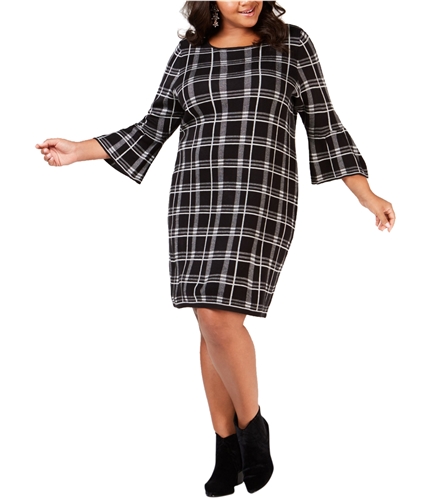 NY Collection Womens 3/4 Bell Sleeve Plaid Sweater Dress black 2X