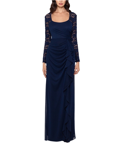 XSCAPE Womens Lace-Sleeve Side-Ruching Gown Dress nvy 4