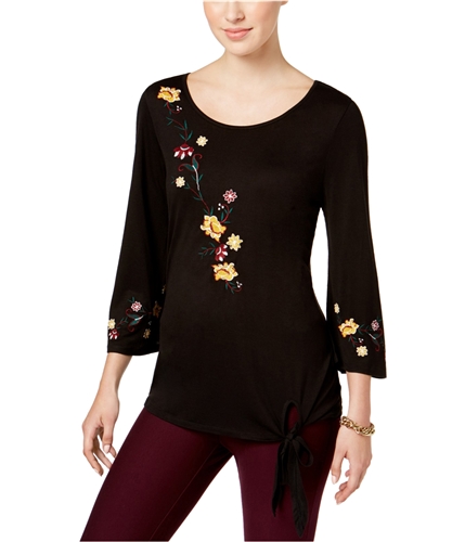 NY Collection Womens Embroidered Floral Embellished T-Shirt black S