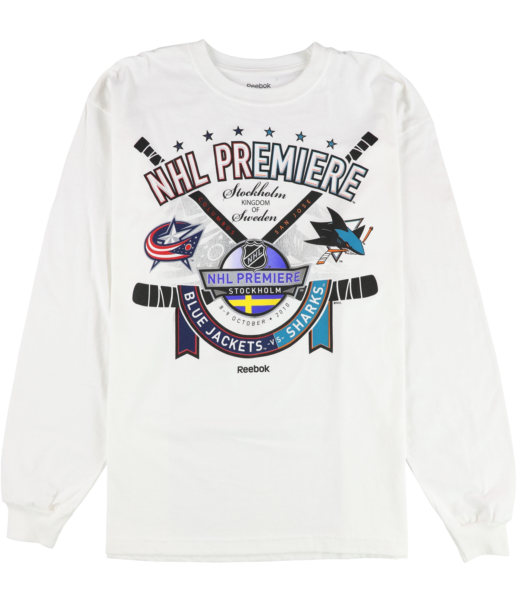 Мужская футболка Reebok 2010 Columbus Blue Jackets ПРОТИВ San Jose Sharks с графическим рисунком
